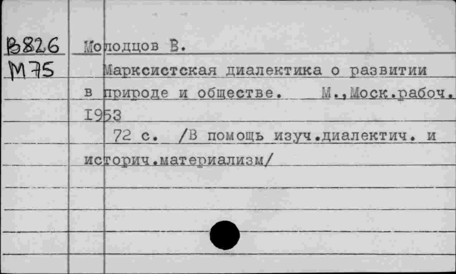 ﻿	Ио	тодцов В.
№15		Марксистская диалектика о развитии
	в	трироде и обществе.	М. ,1Моск.рабоч.
	19	
		72 с. /В помощь изуч.диалектич. и
	ис	
		
		
		
		
		